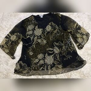 Elegant Signature JMB Black and Olive  Sequined Women's V-Neck Blouse Sz. 3XL